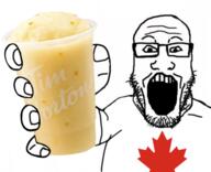 arm canada canadian clothes drink glasses holding_object lemonade open_mouth soyjak stubble tim_hortons variant:markiplier_soyjak // 410x333 // 158.3KB