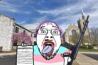 ar-15 arm audrey_hale christianity church clothes covenant_school firearm flag glasses gun hand holding_gun holding_object holding_rifle irl_background manifesto massacre open_mouth paper purple_hair rifle school school_shooter school_shooting soyjak stubble text tongue tranny tree tshirt variant:bernd weapon yellow_teeth ywnbaw // 1500x1000 // 1.5MB