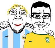 2soyjaks argentina argentina_national_football_team brazil closed_mouth clothes ear friendship glasses hair hand lipstick smile soccer soyjak stubble subvariant:chudjak_front variant:bernd variant:chudjak yellow_hair // 800x700 // 16.1KB