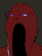 dark distorted glasses green_eyes open_mouth purple_eyes red_skin soyjak stretched_mouth stubble subvariant:wholesome_soyjak variant:gapejak // 600x800 // 170.0KB