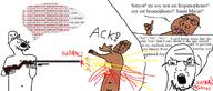 2soyjaks ack blood brown_skin clenched_teeth closed_eyes comic glasses gun holding_gun holding_object murder oekaki open_mouth rifle shooting soyjak speech_bubble stubble subvariant:scholar text variant:gapejak variant:soyak // 1499x640 // 89.3KB