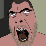 background beard blue_eyes coprophagia cross_eyed eating glasses movie open_mouth poop sergey_pakhomov shirtless soyjak stubble the_green_elephant variant:cobson white_skin // 722x720 // 27.6KB