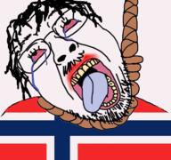 animated blood bloodshot_eyes clothes country crying flag flag:norway glasses hanging mustache norway open_mouth rope soyjak stubble suicide tongue variant:bernd yellow_teeth // 768x719 // 535.5KB