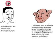 2soyjaks amerimutt brown_skin closed_mouth ear hair nazism pol_(4chan) smile soyjak swastika text variant:chudjak // 960x720 // 110.1KB