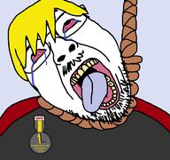 badge bloodshot_eyes clothes crying glasses hanging nate open_mouth rope soot_colors soyjak soyjak_party stubble suicide tongue variant:bernd yellow_hair // 768x719 // 45.8KB