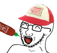 bottle cap clothes food glasses happy hat hot_sauce open_mouth sauce soyjak sriracha stubble variant:soyak // 930x863 // 426.8KB