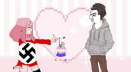 closed_mouth clothes flag girl glasses hair heart hoodie kneesocks love nazism pink_heart pixel_art romance side_profile smile sock swastika tranny variant:bernd variant:chudjak // 1536x851 // 582.7KB