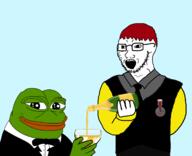 badge clothes frog glass glasses green_skin necktie open_mouth pepe soyjak stubble variant:soyak wine // 1702x1384 // 322.0KB