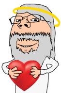 arm beard clothes grey_hair hair halo hand heart holding_heart holding_object soyjak subvariant:wholesome_soyjak variant:gapejak white_skin // 667x1020 // 131.3KB