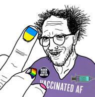 badge black_lives_matter clothes ear flag glasses hair lgbt middle_finger painted_nails pride_flag progress_pride_flag russo_ukrainian_war smile soyjak stubble syringe text thunderf00t ukraine vaccine variant:thunderf00t // 529x538 // 202.8KB