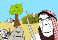 angry arab beard bloodshot_eyes brown_hair clothes crying ghutrah glasses grass hair hat judaism keffiyeh kippah looking_at_you multiple_soyjaks rock rope smile smug soyjak star_of_david stubble sword tree variant:bernd variant:cobson variant:gapejak variant:impish_soyak_ears variant:soyak // 1280x887 // 140.3KB