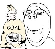 2soyjaks baby bag coal deformed glasses hand holding_coal holding_object mustache smile soyjak subvariant:jacobson subvariant:wholesome_soyjak text thumbnail variant:a24_slowburn_soyjak variant:gapejak // 900x800 // 186.6KB