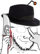 antenna arm blood clothes ear ear_removal fedora glasses glowing_glasses hand hat holding_knife holding_object knife reddit smug soyjak stubble variant:soyak // 636x852 // 118.9KB