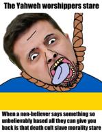 ear flag hair hanging irl judaism oink open_mouth rope russo_ukrainian_war soyjak stubble text tongue ukraine variant:bernd volodymyr_zelenskyy yellow_teeth // 767x991 // 519.9KB