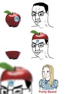 3soyjaks angry apple based bloodshot_eyes blur closed_mouth clothes comic female food foodjak fruit fruit_label glasses hair hat makeup meme smug soyjak trad_wife variant:chudjak wojak // 960x1300 // 458.1KB