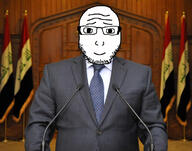 Haider_al-Abadi bald clothes flag glasses happy iraq iraqi microphone president redraw smile soyjak stubble subvariant:lawrence variant:markiplier_soyjak // 1125x883 // 223.9KB