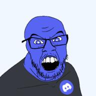 angry blue_eyes blue_skin clothes discord glasses mustache open_mouth soyjak stubble subvariant:feralcord variant:feraljak // 1500x1500 // 43.2KB