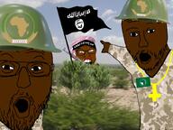 3soyjaks al_qaeda al_shabab angry arm camouflage cross flag flag:african_union flag:isis glasses hand helmet islam military mustache open_mouth pointing somalia soyjak stubble terrorist text united_nations variant:feraljak variant:two_pointing_soyjaks // 1024x768 // 132.9KB