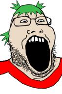 4chan anime glasses green_hair hair open_mouth soyjak stubble variant:markiplier_soyjak2 yotsoyba // 645x973 // 50.1KB