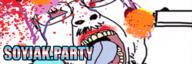 animated arm banner blood bloodshot_eyes crying dead full_body glasses gun hair hand hanging i_love leg mustache open_mouth purple_hair rope shot smile soyjak soyjak_party stubble suicide text tranny variant:bernd // 600x200 // 3.6MB