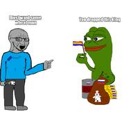 arm bloodshot_eyes clothes country crying european_union flag frog full_body glasses gold grey_skin hand holding_flag holding_object leg lgbt oil open_mouth pepe pointing russia soyjak stubble text variant:soyak vatnik wheat // 1000x853 // 188.5KB