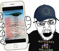 angry arm cap clothes crazed europe european_union glasses hand hat holding_object holding_phone iphone open_mouth phone soyjak stubble tshirt united_states variant:feraljak // 680x593 // 439.1KB