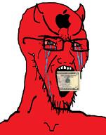 apple_(company) bloodshot_eyes crying demon dollar glasses horn large_eyebrows logo money red_skin soyjak stretched_mouth stubble tattoo variant:soyak // 785x1000 // 81.7KB