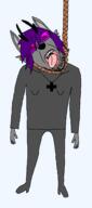 antler bloodshot_eyes crying ear fangs furry glasses grey_skin hanging open_mouth ozzy purple_hair rope soot soyjak soyjak_party stubble suicide tinted_glasses tongue variant:bernd // 1197x2709 // 65.9KB