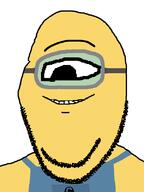 clothes goggles large_eyes minion one_eye smile soyjak stubble subvariant:wholesome_soyjak variant:gapejak yellow_skin // 600x800 // 27.9KB