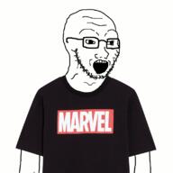 animated arm clothes glasses marvel open_mouth shaking soyjak stubble text tshirt variant:soyak // 800x800 // 229.7KB