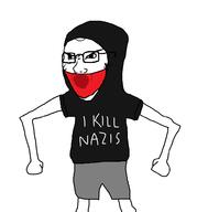 angry antifa arm clothes communism full_body glasses hand hat hood hoodie mask open_mouth politics soyjak stubble variant:soyak // 953x970 // 20.6KB