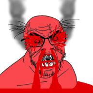 angry animated balding blood bloodshot_eyes cracked_teeth fume glasses gore rage red red_eyes red_skin smoke soyjak stubble subvariant:feralrage variant:feraljak // 1024x1024 // 1.5MB