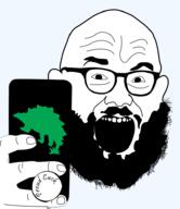 beard button cuck dinosaur glasses holding_object holding_phone open_mouth phone selfie soyjak variant:unknown // 821x951 // 115.7KB