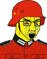 asian bloodshot_eyes china clothes collar_tabs combat_helmet crying epaulettes flag:china glasses helmet military military_uniform open_mouth soyjak star_(symbol) variant:chudjak yellow_skin // 596x740 // 119.6KB