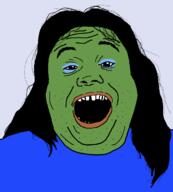 blue_shirt frog green_skin hair makeup open_mouth pepe soyjak stubble tranny variant:alicia // 620x687 // 36.5KB