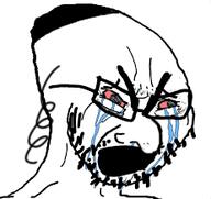 bloodshot_eyes clothes crying deformed glasses hat judaism kippah large_nose meta:low_resolution open_mouth payos soyjak stubble thick_eyebrows variant:cryboy_soyjak // 231x218 // 22.1KB