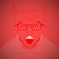 angry animated demon glasses green_eyes horn mirrored monster mustache open_mouth pentagram red_skin satanism soyjak star stubble variant:feraljak yellow_teeth // 640x640 // 8.7MB