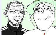 2soyjaks closed_mouth clothes crystal_cafe ear female glasses green_hair hair hat smile soyjak stubble subvariant:gapejak_female track_suit variant:carterjak variant:gapejak // 640x411 // 154.1KB