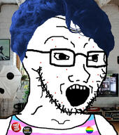 acne badge black_lives_matter blue_hair flag gay glasses hair irl irl_background lgbt open_mouth sleeveless_shirt soyjak stubble tranny variant:soyak // 708x800 // 154.0KB