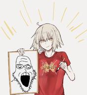 ahoge anime canvas clothes drawing fgo glasses jeanne_alter oekaki open_mouth paintbrush painting short_hair silver_hair smile smug soyjak stubble teeth variant:markiplier_soyjak vg_(4chan) yellow_eyes // 1097x1199 // 181.6KB