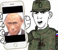 angry arm camouflage cap clothes ear flag glasses hand hat holding_object holding_phone iphone military monkey_putin open_mouth phone russia soyjak star stubble variant:carterjak // 680x593 // 472.0KB