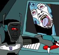 autobot bloodshot_eyes blurr claws crushing crying dead decepticon glasses grey_skin mustache red_eyes shockwave soyjak stubble tongue transformers variant:bernd yellow_teeth // 768x719 // 66.6KB