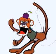 animal bored_ape_yacht_club brown_skin clothes dance ear fez full_body glasses hat large_nose monkey monkeybone open_mouth orange_skin snout soyjak stubble tail variant:monkeyjak // 1198x1154 // 1015.2KB