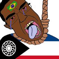 bloodshot_eyes brazil brown_skin caaf caleb caleb_army_armed_forces caleb_gibbons chud crying ees extreme_energy_sword fascism flag gibbonater hair nazism rope sonnenrad soyjak subvariant:chudjak_front suicide variant:chudjak // 1536x1536 // 537.7KB