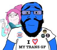 2soyjaks ally badge beard blahaj blue_skin calm closed_mouth clothes glasses hand heart i_love plush smile subvariant:science_lover subvariant:soylita text tranny transgender_flag tshirt variant:gapejak variant:markiplier_soyjak // 894x789 // 204.1KB