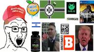 breitbart brown_hair cap clothes country donald_trump flag gamergate glasses hair hat infowars israel kekistan maga open_mouth politics richard_spencer soyjak stubble variant:soyak // 1076x600 // 686.7KB