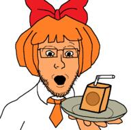 arm bowtie clothes glasses holding_object holding_plate juice mymy ongezellig orange_hair orange_skin plate soyjak stubble variant:platejak white_background // 1366x1350 // 67.0KB