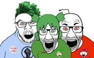 3soyjaks 4chan angry anime antenna arm badge black_lives_matter clothes glasses green_eyes green_hair hair mustache open_mouth racism raised_fist_(symbol) red_eyes reddit soyjak stubble twitter variant:el_perro_rabioso variant:feraljak variant:snoojak yellow_teeth yotsoyba // 1162x723 // 350.6KB