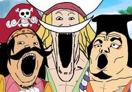 3soyjaks anime beard clothes hair hat mustache one_piece open_mouth pirate pirates skull soyjak soyjak_trio variant:gapejak variant:markiplier_soyjak variant:tony_soprano_soyjak white_hair yellow_hair // 640x449 // 76.6KB