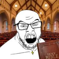 bible christianity church cross glasses irl_background necklace open_mouth religion soyjak stubble variant:feraljak // 1000x1000 // 1.0MB